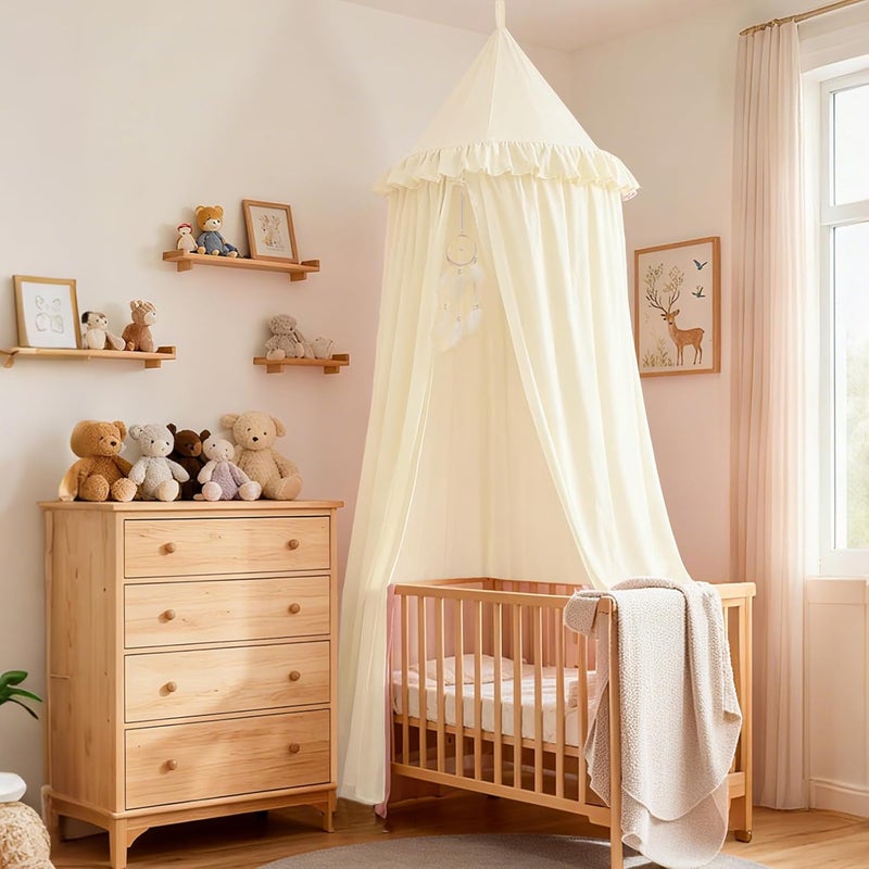 Akiky Kids Bed Canopy for Crib & Twin Size with Ruffles Dreamcatcher, Princess Girls Nursery Room Decor Toddler Baby Dome Round Hanging Tent Curtains Skirt Over Bed Reading Nook Play Tents Ivory - Image 1
